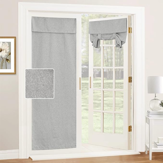 RYB HOME Privacy French Door Curtains for Back Glass Door Inside House | Room Darkening, Farmhouse Home Decor, No Drill, Faux Linen, Shades Blinds Portable for Pation, W26 x L80, Gray, 1 Panel