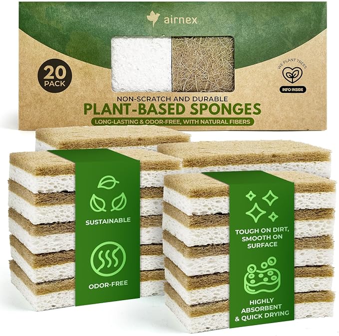 AIRNEX Natural Kitchen Sponges Pack of 20 - Biodegradable Cellulose and Coconut Husk Walnut Scrubbers - Odor Free Non Scratch - Eco Friendly Quick Drying Dishwashing Sponges