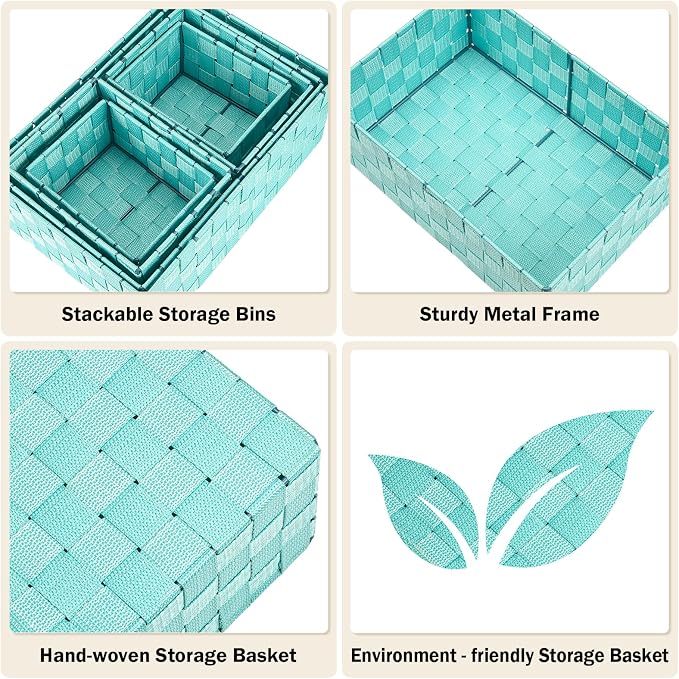 Storage Baskets: 6 Pack Stackable Woven Storage Bins, Aqua | Decorative Woven Baskets for Organizing with Built-In Handles for Shelves, Closets, Cabinets and Cubbies, Gift Small Basket