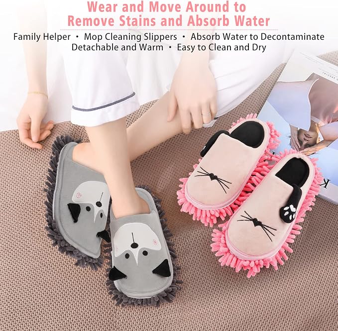 Detachable Dog Mop Slippers for Floor Dusting, Gray | Washable Microfiber Cleaning Slippers for Kitchen Room Office, Non Slip Mopping Slippers for Women