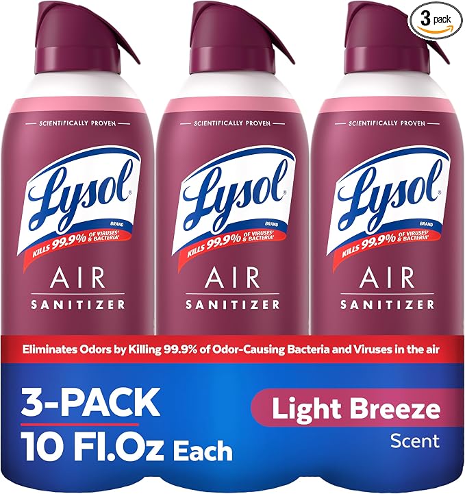 Lysol Air Sanitizer Spray, Air Freshener Alternative, Light Breeze 3-Pk | Lysol Scented Air Sanitizing Room Spray, Bacterial Odor Eliminator, Home, Office, Classroom, Toilet, & Bathroom Spray, 10 oz
