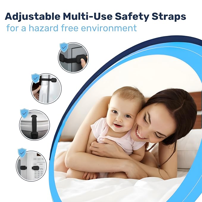 Baby Proof Me Child Safety Cabinet Locks - Baby Proofing Straps & Latches | 12 Pack Adhesive Safety Latches for Cabinets, Drawers, Fridge, Oven, Toilet & Trash Can, Strong 3M Adhesive - Black