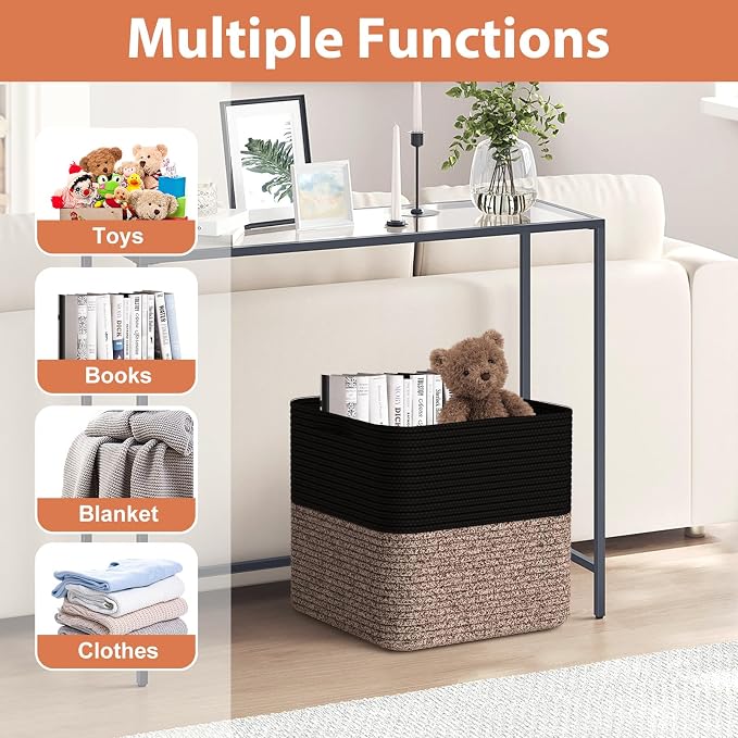 Storage Cotton Cubes 11 Inch, Woven Cotton Rope Storage Baskets for Toys Blanket Organizing, Storage Bins Decorative Organizer with Handles for Living Room Laundry Room Closet (3 Pack, Black Brown)