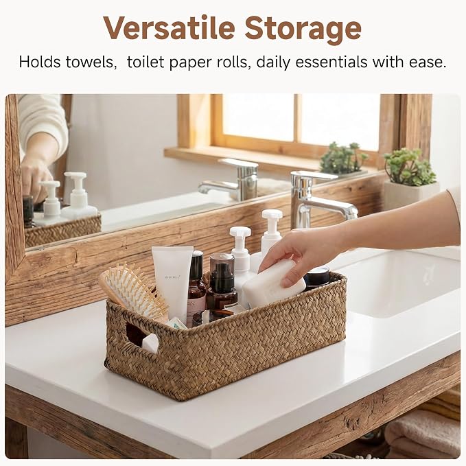 StorageWorks Wicker Seagrass Baskets, Toilet Basket Tank Topper, Brown | Toilet Paper Baskets for Back of Tank, Bathroom Basket Organizer and Storage, Small Tank Trays for Decor with Built-in Handle