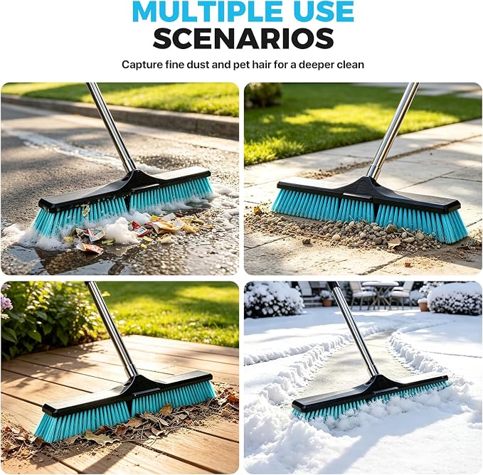 24" Push Broom Outdoor Heavy Duty, Commercial Push Broom for Cleaning, Blue | Industrial Broom with 55" Long Handle Stiff Bristles,Garden Brush Broom for Driveway Garage Yard Warehouse Floor Cleaning