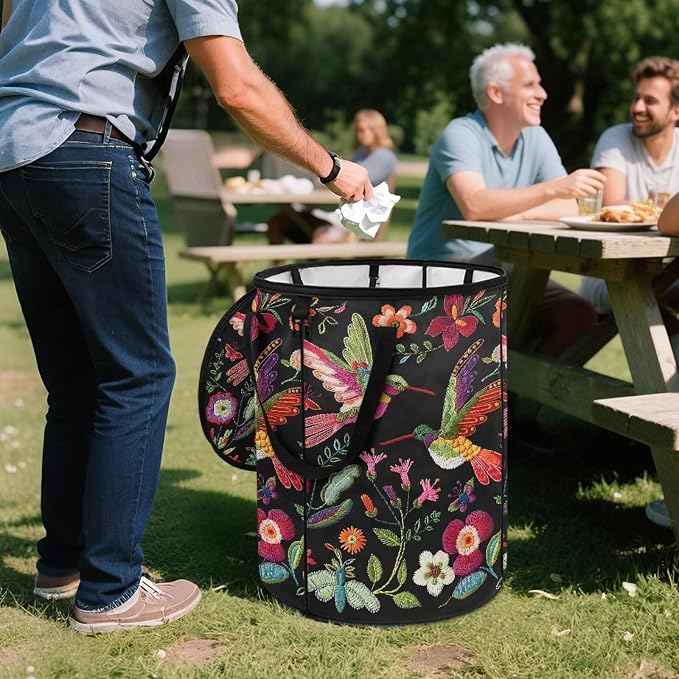 Vintage Flower Hummingbird Foldable Trash Bag with Lid and Handles 24 Gallon Large Capacity Collapsible Garden Leaf Bin Reusable Waster Bags for Camping Outdoor Picnics