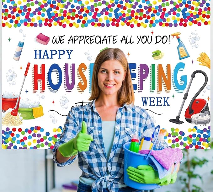 Happy Housekeeping Week Banner Backdrop 8x6FT Thank You Cleaning Staff Background for Housekeeper Appreciation, Environmental Services Week Party Decorations Photo Props