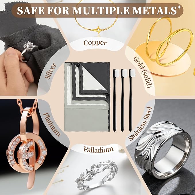 6 PCS Large Silver Polishing Cloth Kit, 3 Pack 10" x 12" Jewelry Cleaner Cloths with 3 Soft Brushes, Tarnish Remover & Scratch-Free Cleaner for Silver, Gold, Diamond, Coins, Watches, Deep Gray & Gray