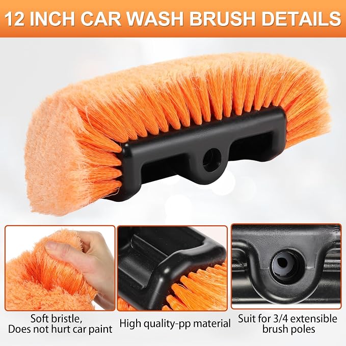 Tanlade 2 Pcs Car Wash Brush Heads Soft Bristle Flow Thru,12 Inch,Orange | Replacement Heads for Exterior Cleaning, Compatible with Auto Truck RV Boat Camper, Gentle Bristles Protect Paint Finish