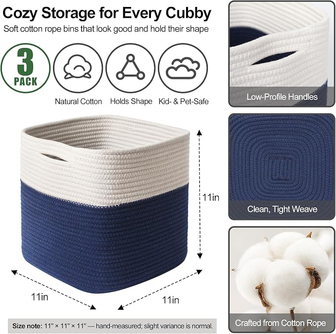 11x11 Cube Storage Bin - 3 Pack Woven Storage Cubes Organizer, 11 Inch Cotton Rope Baskets for Organizing, Decorative Square Shelf Baskets Closet Bins, Toy Boxes for Boy, Dark Blue Decor