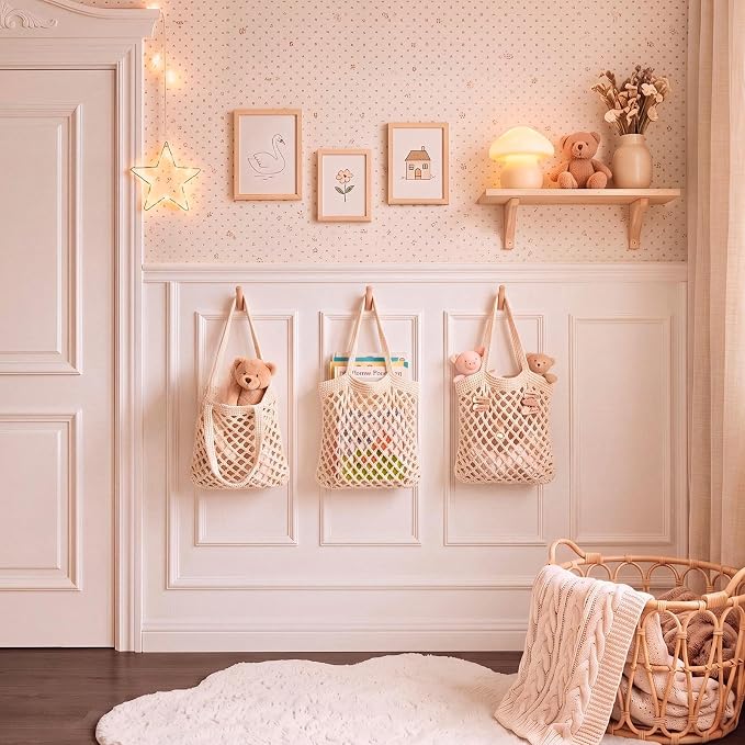 3 Hanging Baskets,White,Mesh,Cotton Rope | Wicker Wall Baskets with Hooks for Fruit Vegetable Onion Storage, Teardrop Organizer for Kitchen, Boho Farmhouse Decor
