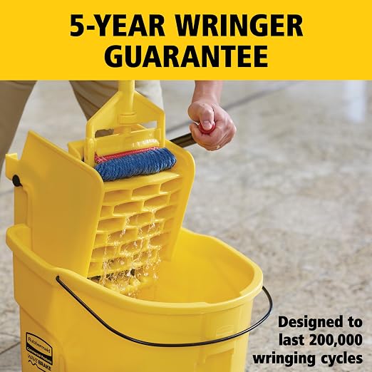 Rubbermaid Commercial Products WaveBrake 35 Qt. Side-Press Mop Bucket and Wringer Combo on Wheels Yellow for Professional/Industrial/Business Heavy-Duty Floor Cleaning/Mopping
