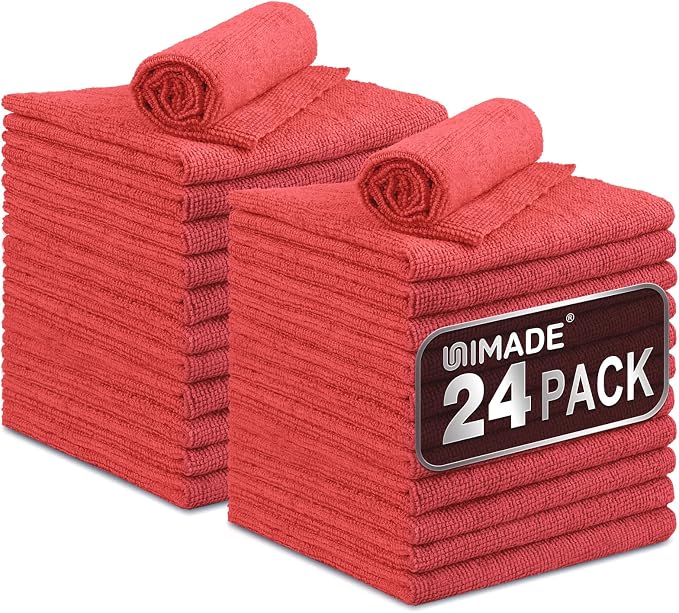 Microfiber Cleaning Cloth, 24 Pack Reusable Microfiber Towels | for Cars Lint Free Cleaning Shop Towel Rags for Home Kitchen Automotive Bar Mechanic Restaurant Garage, 11"x 12", Red