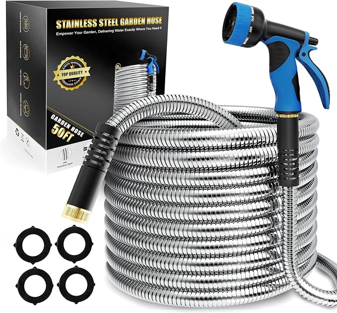 Lefree 50ft Metal Garden Hose with Upgraded Leak‑Proof Rubber Sleeve | Flexible, Tangle-free & Non Kinking, 550 PSI, 304 Stainless Steel, Spray Nozzle for Balcony, Patio, Small Yard, Car Wash