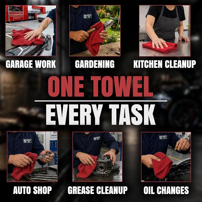 Premium Shop Towels Bulk, 100 Pack, 13”x14”, Reusable Red Towels, Durable & Multipurpose 100% Cotton Cleaning Towels for Auto, Oil, Grease, Paint, Garage, Workshop, Industries & Home Use