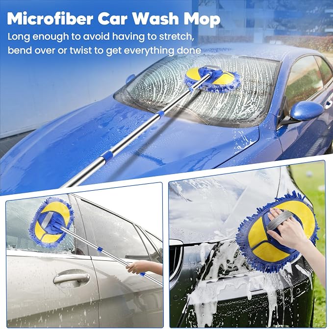 PIMEKOY 17Pcs Car Wash Kit with Bucket for Washing Exterior & Interior Cars | Professional Car Cleaning Kit, 62" Long Handle Car Wash Brush, Mop, Mitt, Duster, Wheel Brush, Detailing Brushes for RV Truck