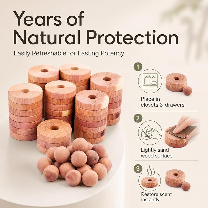 Cedar Blocks for Clothes Storage | Cedar Balls & Rings | Dresser Drawer Freshener Odor Eliminator | 40 Pieces, 30 Rings & Bonus 10 Balls, U.S.A Seller