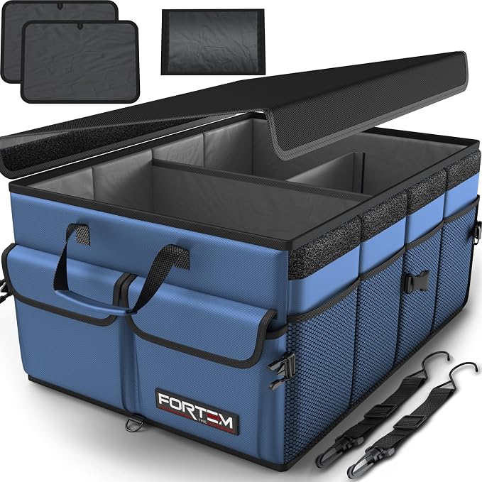 FORTEM Trunk Organizer - Foldable Car Organizer & Storage for SUVs & Trucks | Car Accessories for Men Women, Collapsible Bag, Non Slip Bottom, Straps, Soft Cover, 600D Oxford, Blue, 3 Compartments, 50L