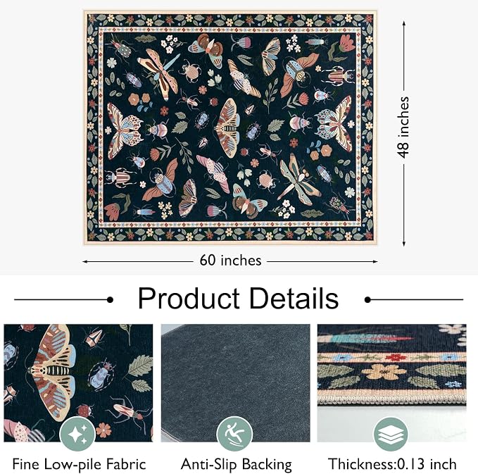 Anidaroel 48"x60" Office Chair Mat for Hardwood Floor/Tile, Black Anti-Slip Computer Chair Mat, Insect Print Office Rugs for Rolling Chairs, Low Pile Desk Floor Mat for Hardwood Floors