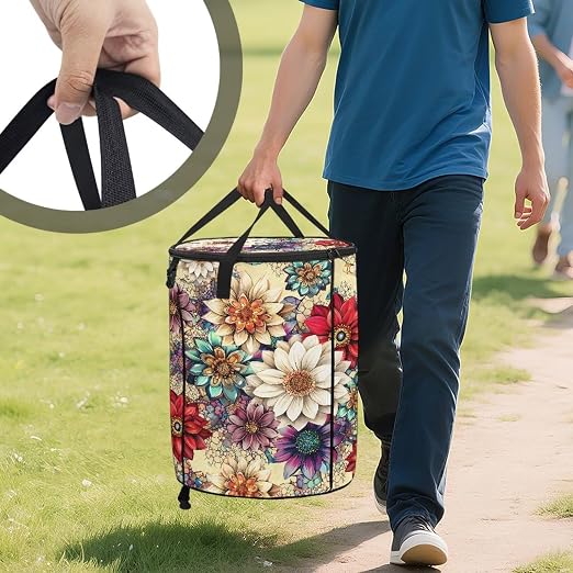 BIGCARJOB Boho Floral Large Trash Can with Lids, Camping Trash Can Collapsible Garbage Cans Water Resistant Garbage Bin Storage Holder for Outside, 22.83x17.71 in