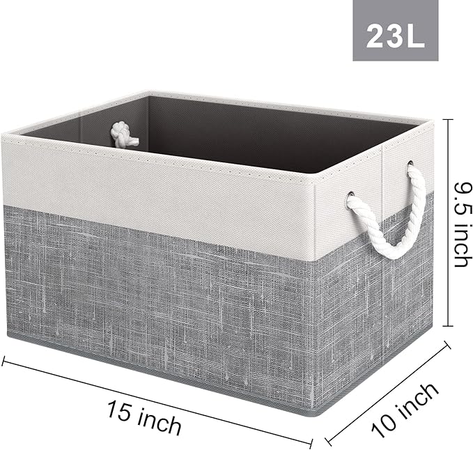 Storage Bins 2-Pack, Foldable Storage Baskets for Organizing Toys, Books, Shelves, Closet, Large Storage Box with Rope Handles, Sturdy Organizer Bins, White & Grey
