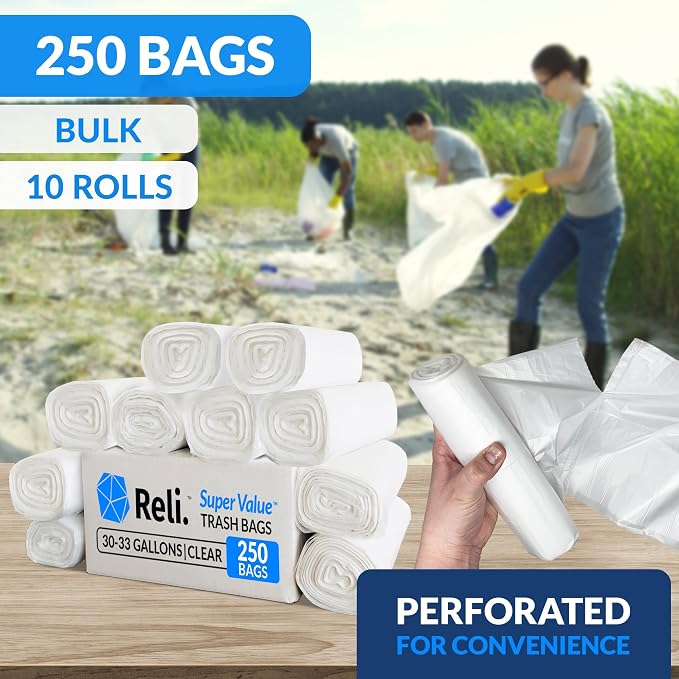Reli. 30-33 Gallon Trash Bags Heavy Duty | 250 Trash Bags, Twist Ties | Clear, Serious Garbage Cleanup | Large Garbage Bags with Twist Ties, Made in USA | SuperValue