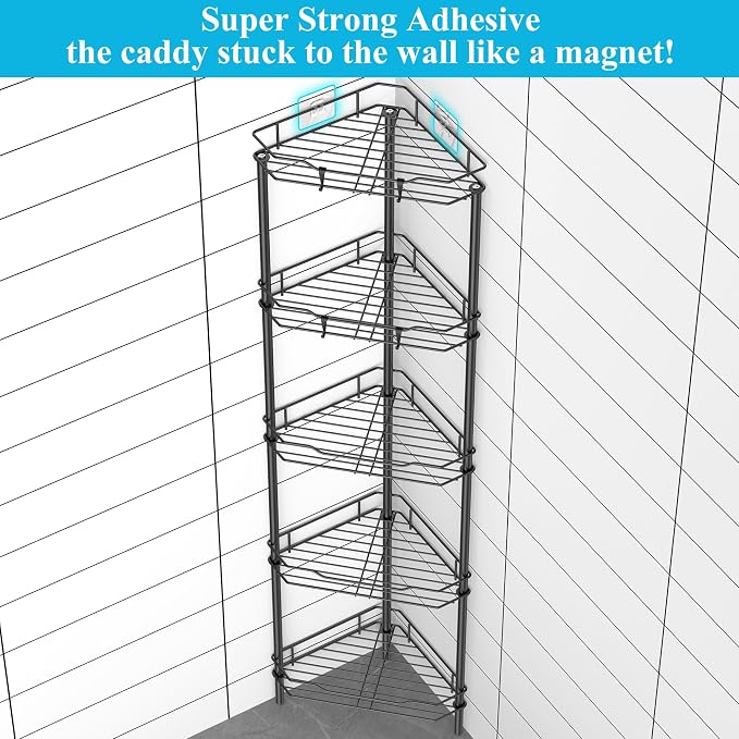 HuggieGems Metal Floor Standing Corner Shower Caddy, Matt Black, 5 Tier | Adhesive Bathroom Organizer Shelves, Free Standing Shower Rack with Hooks, Hold Large Shampoo Bottles
