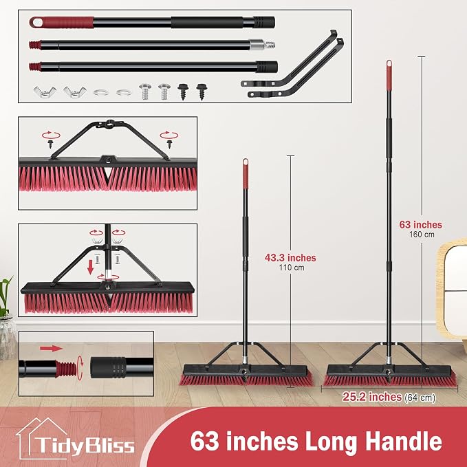 TidyBliss 24” Push Broom Outdoor Heavy Duty, Large Commercial Stiff Bristle Brush with 63 inches Long Handle for Garage Shop Garden Yard Patio Deck Street Warehouse Lawn Driveway (Red)