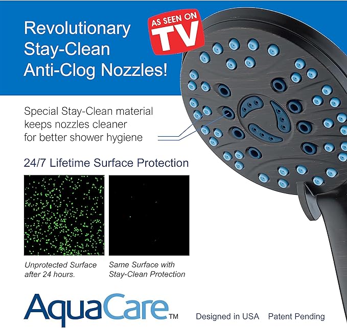 AquaCare 8-mode High Pressure Handheld Shower Head with 2-mode Power Wash | Stay Clean Nozzles, Dual Power Wash for Tub, Tile & Pets, Long 6 ft. Stainless Steel Hose, Wall & Overhead Brackets / Bronze
