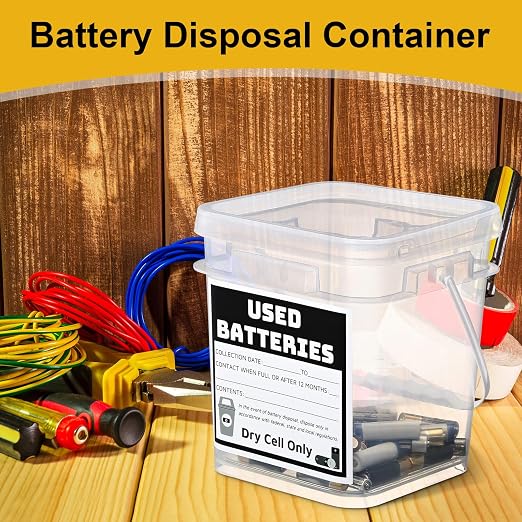 Baderke 2 Pack Battery Recycling Disposal Container with Label, Transparent | 1.32 Gallon Capacity, Battery Recycling Container with Label, Used-dry-cell Battery Storage Organizer, for Household, Office