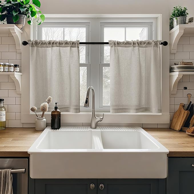 24 Inch Long Bathroom Small Curtains 2 Panels Dual Rod Pocket Linen | Boho Rustic, Semi Sheer Light Filtering Drapes, for Bathroom Kitchen, Half Window RV Curtain, 34x24 Inch, Dark Taupe