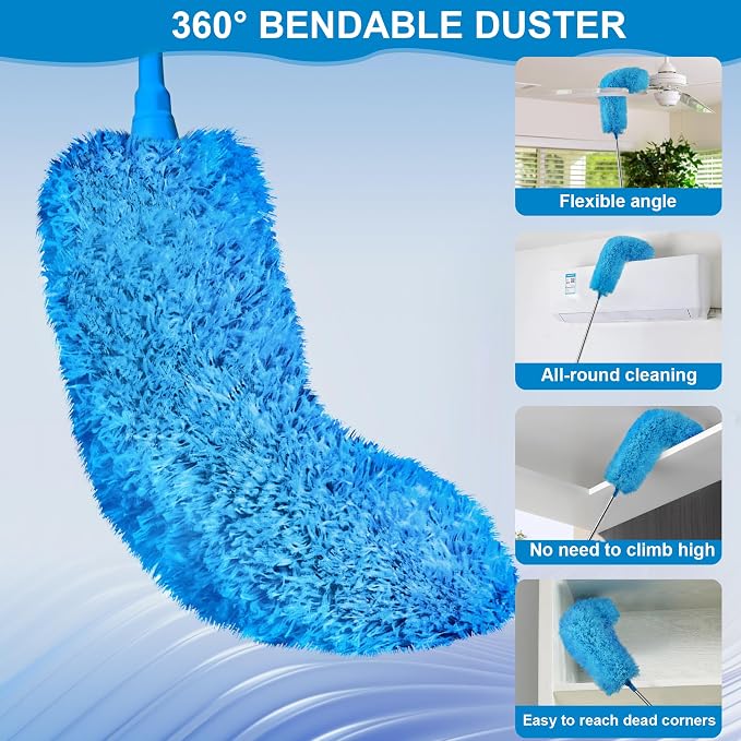 JEHONN Duster with Extension Pole 100 inches for Cleaning High Ceiling Fan, Extendable Long Handle Microfiber Feather Dust Remover, Telescoping Dusting Tool for AC Vent Cobweb House Exterior Interior