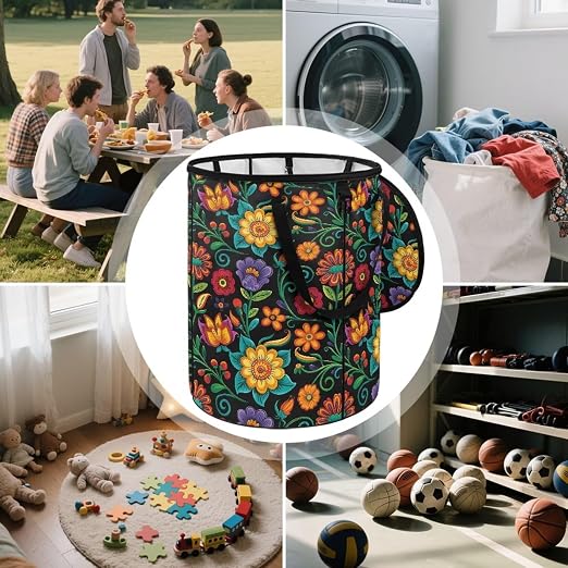 BIGCARJOB Floral Blossoms Collapsible Trash Can Portable Tall Trash Can Oval Recycling Bin 22.83x17.71 Outside Garbage Bin Storage Bag with Clip and Zipper Lid