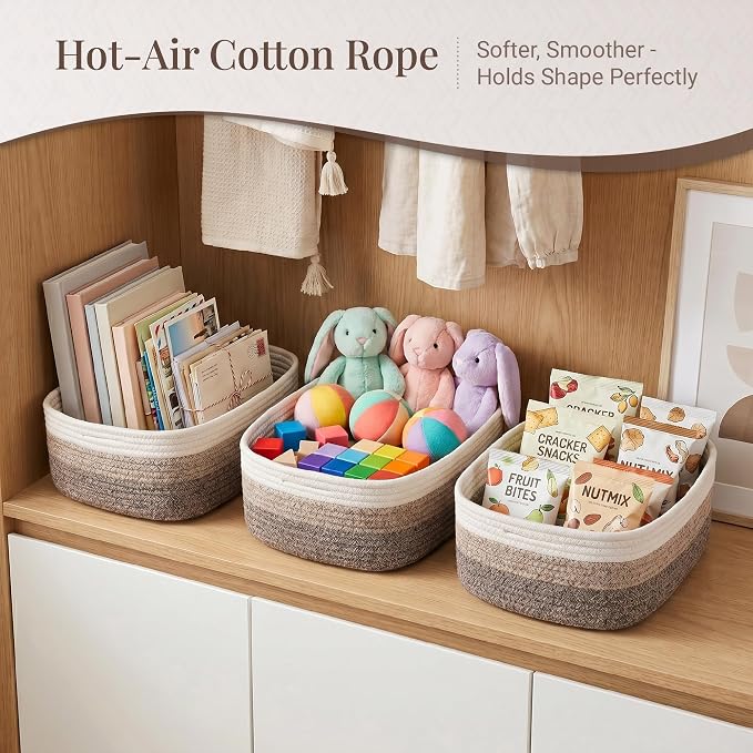 Storage Baskets for Shelves, 5 Pack, 2 Sizes Organizer Bins | Woven Cotton Rope Baskets, 3 Large + 2 Small Shallow Storage Bins for Nursery, Closet, Toys, Bathroom & Changing Table