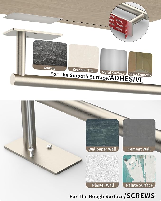 Paper Towel Holder Under Cabinet with 2Hooks Self Adhesive Silver | Brushed Nickel 304 Stainless Steel Post Pivoting Design, Wall Mount for Kitchen Waterproof & Rustproof, Square Base
