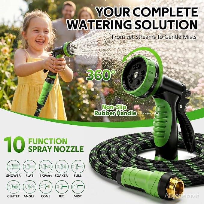 NON-EXPANDABLE Garden Hose 35 FT Water Hose with 10-Function Spray Nozzle | Yard hose Heavy Duty Steel Metal Flexible,Durable Fabric Skin,No Kinks & Leak-Proof with Upgraded Handle hose pipe outside