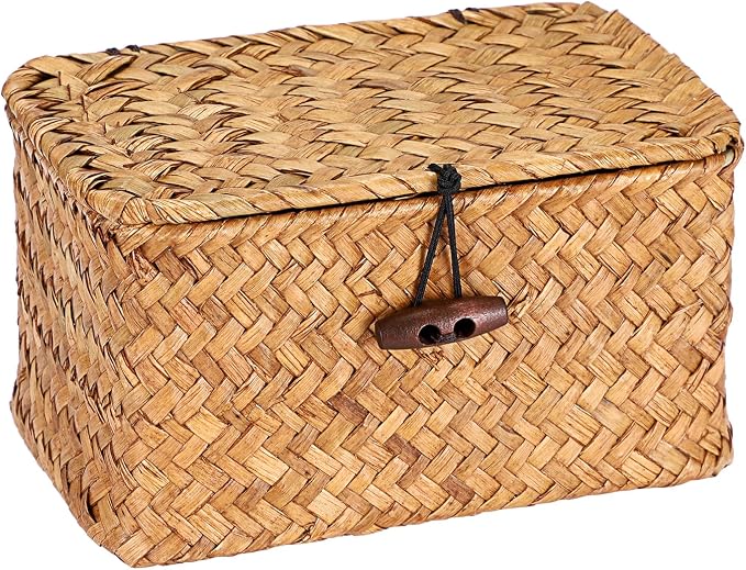 Hipiwe Seagrass Basket Key Holder Box for Entryway Tabletop Desk Organizer with Lid Handwoven Wicker Storage Bin for Hair Ties Candy, Whitewash 6.1" x 4" x 3.3"
