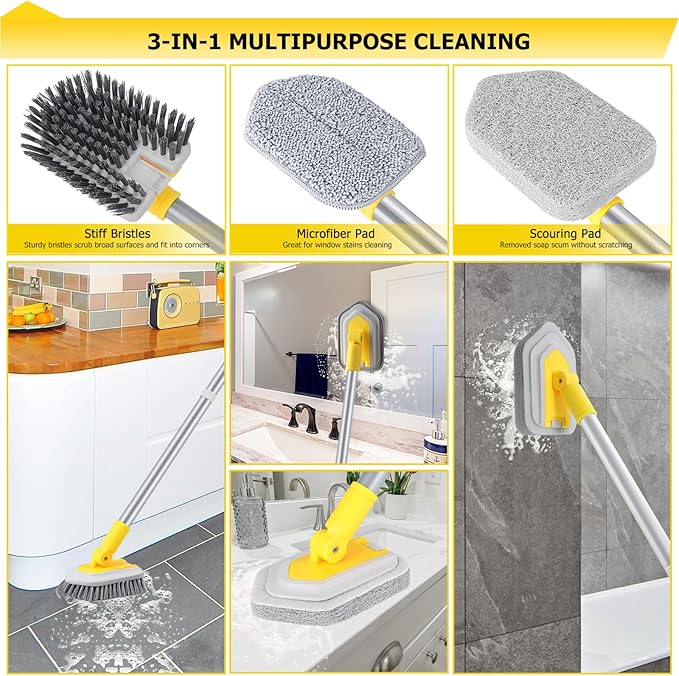 Bathtub Cleaning Brush Long Handle, Shower Bathroom Cleaner Brush Scrubber | 3 Different Detachable Scrub Brush Replacement Head for Scrubing Bathroom Floors, Tubs, Tiles, and Kitchen Walls