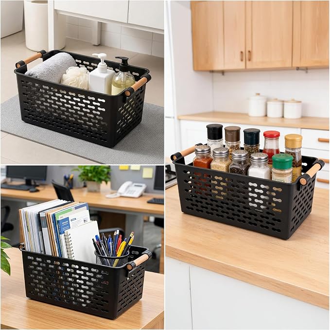Yesland 6 Pack Plastic Storage Baskets with Handles, Black Organizer Bins 5"W x 10"L x 5"H for Kitchen Pantry Closet Bathroom Office