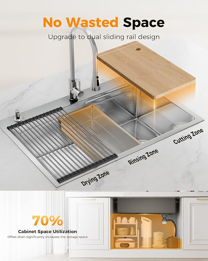 CAMMOO 33X22 Drop In Kitchen Sink, 304 Stainless Steel Workstation Sink | Pop-Up Drain, Workstation Sink, Upgraded Fast Drain, Topmount Single Bowl with Accessories, Foldable Grid for Easy Cleaning