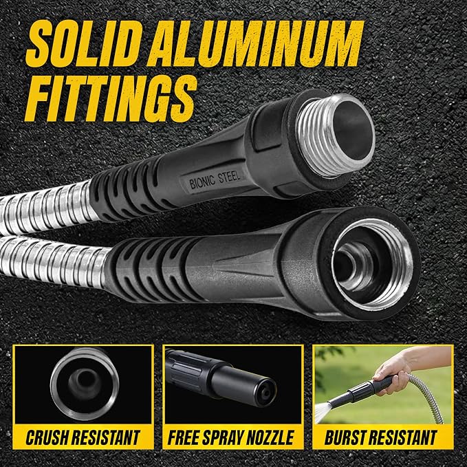 BIONIC STEEL 100 Ft Metal Garden Hose with Sprayer Nozzle | Non Kinking Design, Stainless Steel Heavy Duty Water Hose 100 Ft x 5/8 in. Flexible & NON Expandable for Water Flow, 500 PSI