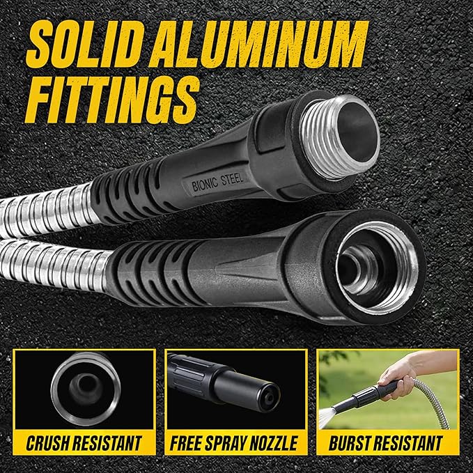 BIONIC STEEL 50 Ft Metal Garden Hose with Sprayer Nozzle | Non Kinking Design, Stainless Steel Heavy Duty Water Hose 50Ft x 5/8 in. Flexible & NON Expandable for Water Flow, 500 PSI