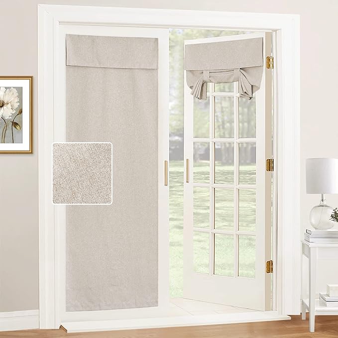 RYB HOME Linen Blended French Door Curtain, Shades Pull Down for Glass Door | Room Darkening, No Drill, Shades Portable for Patio/Office/Classroom, Privacy, Farmhouse Home Decor, W30 x L69, Khaki,1 Panel