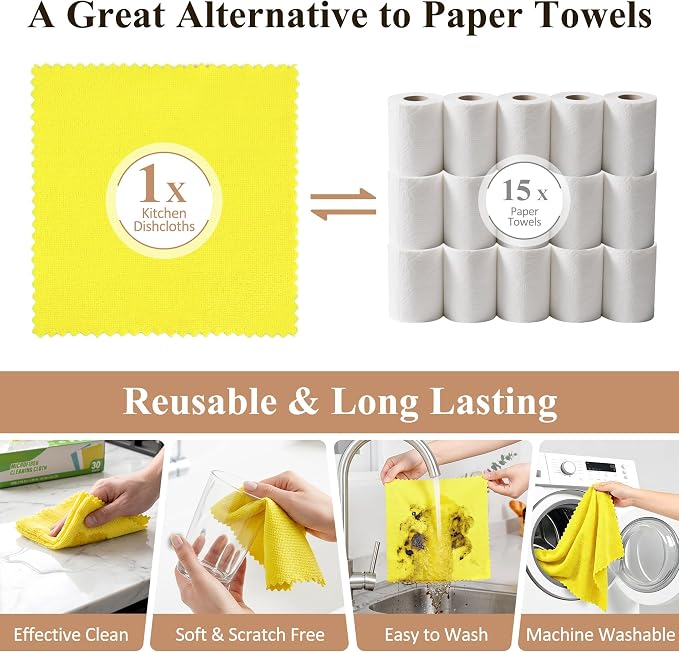 30 Pack Microfiber Cleaning Cloths, Dish Towels for Kitchen, Car, Bathroom | Cleaning Rags for Window, Household, Ultra Absorbent Cleaning Supplies, Lint Free, Streak Free, Reusable & Washable (Yellow)
