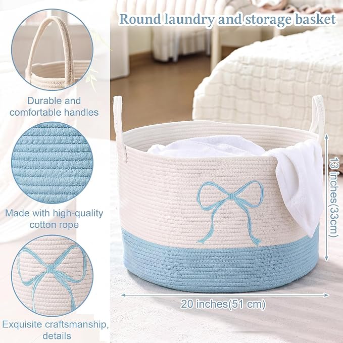 Honeydak Large Blue Laundry Basket Bow Hamper for Blanket Bow Laundry Basket 13 x 20 Inches Cotton Rope Hamper Blue Coquette Storage Toys Clothes Teens Girls Room Nursery Organization