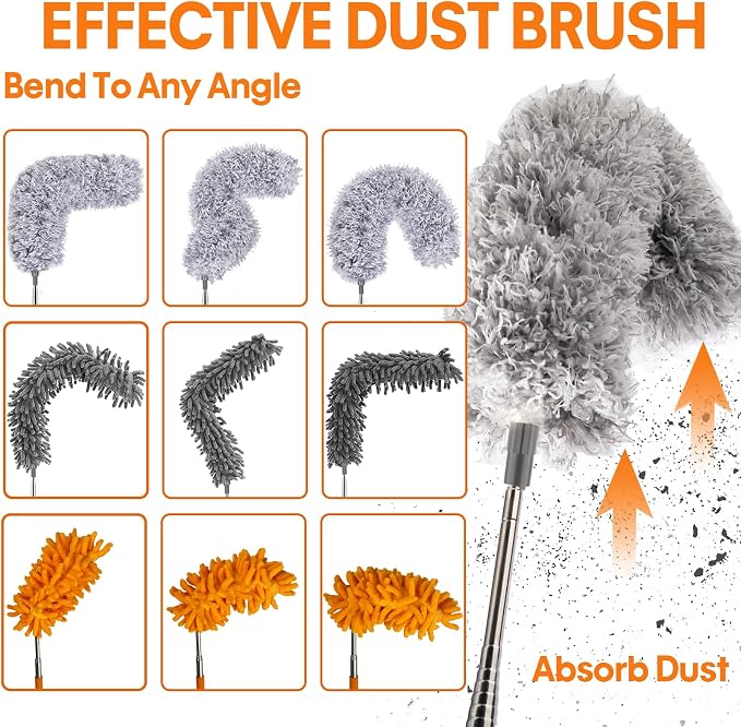 Dusters for Cleaning, 30-100 Inch Long Handle with 4 Duster Types | Washable & Reusable Heads, Detachable Duster Heads Clean High Ceilings, Ceiling Fan, Blinds, Cobwebs & Home Surfaces, Orange