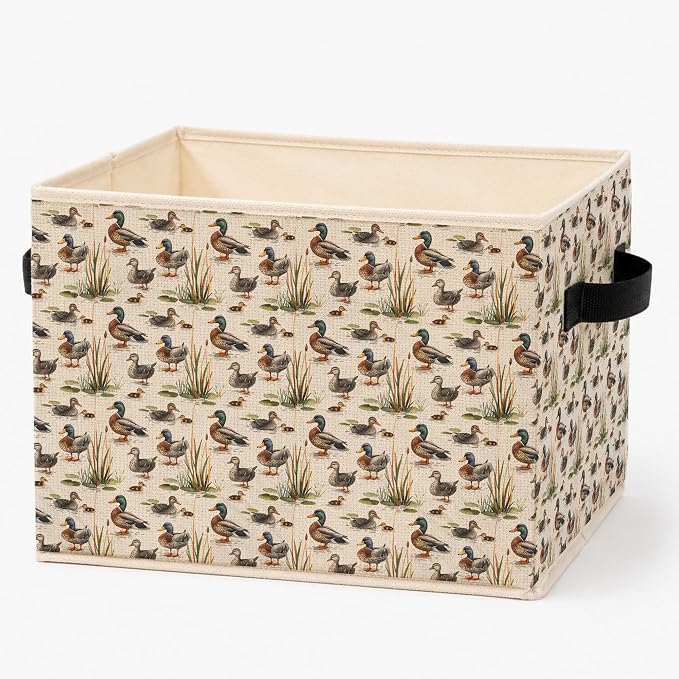 Rustic Mallard Duck Storage Bins Box, Farmhouse Countryside Waterfowl Mallard Duck Foldable Storage Basket with Handles for Bedroom Bathroom Home Toys Clothes Books Organizer