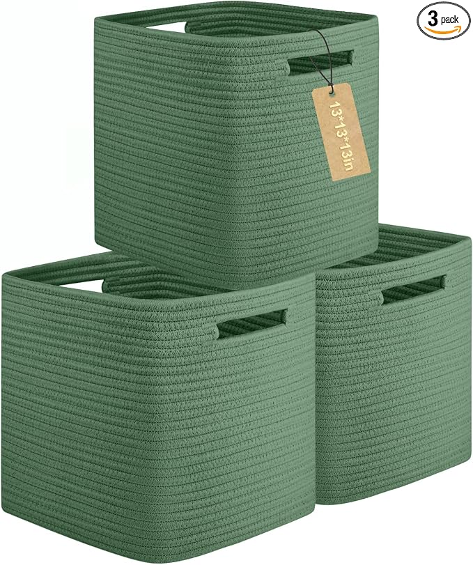 OIAHOMY 3 PACK Cube Storage Bin 13 Inch Collapsible Storage Cube Green | Cube Storage Organizer Storage Bins for Shelves Baskets for Organizing Woven Rope Storage Baskets