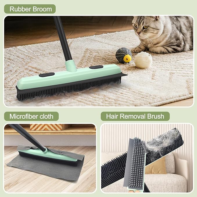 Upgraded Rubber Broom Pet Hair Remover with Squeegee 57.9'' Carpet Rake Fur Sweeper Small Detailing Lint Brush to Fluff Carpet Rug Tile Hardwood Floor