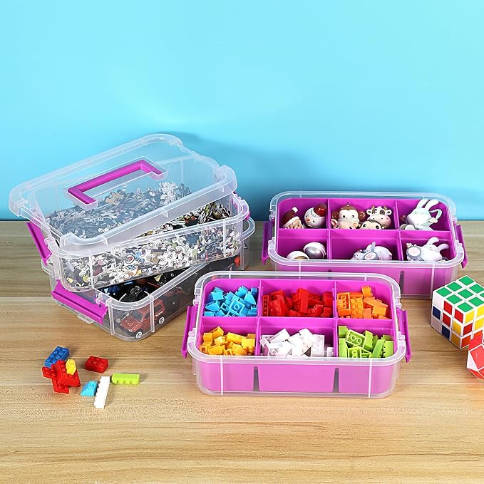 JUXYES 4-Tiers Plastic Stack Carry Storage Containers Box wih Handle Lids | Clear Stackable Latching Storage Bin With 2 Tray for School Office, Organizing Sewing, Art Craft, DIY Supplies, Purple